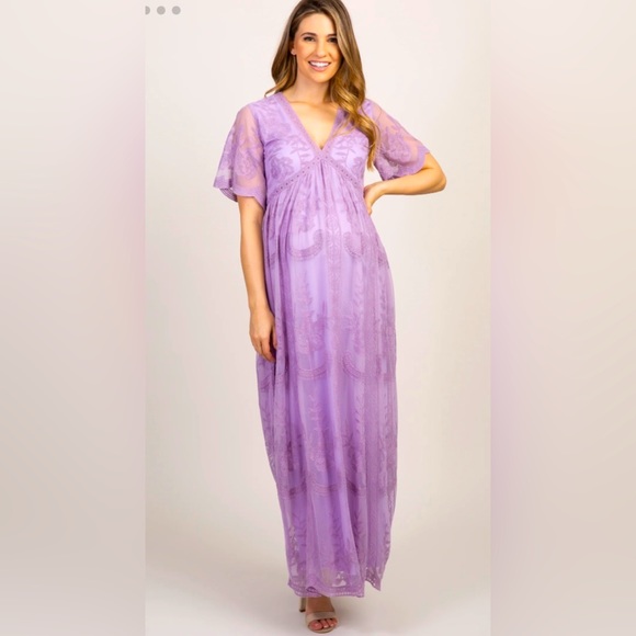 PinkBlush Lavender Lace Mesh Overlay Maternity Maxi Dress - Picture 2 of 5